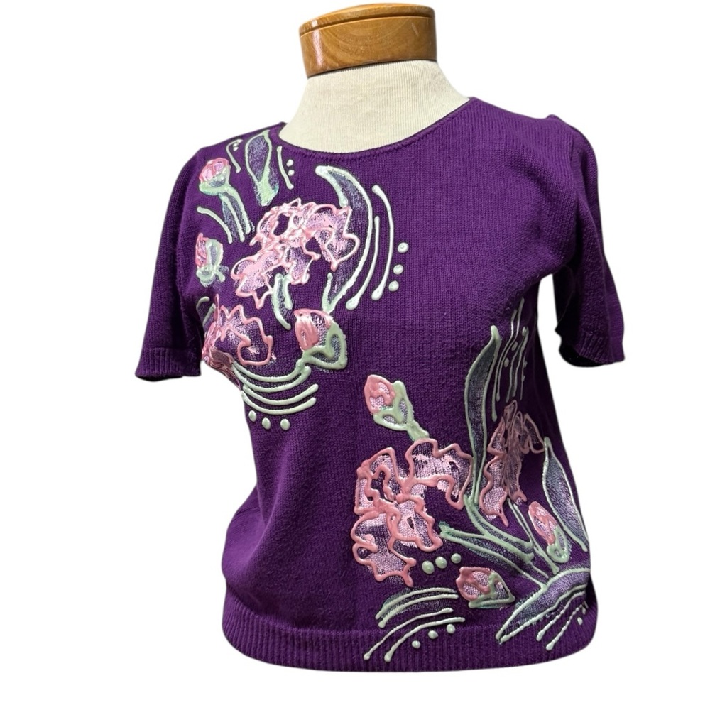 Lady Pinnacle short sleeve puffy paint 80s vintage Purple Sweater‎